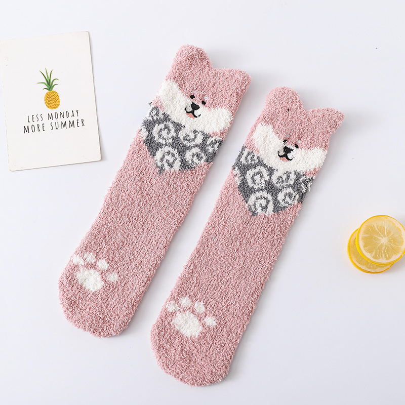 Autumn Winter Socks Female Thick Cute Cartoon Home Sleep Shiba u Coral Fleece Warm Floor Crew Socks Cashmere Socks Fluffy Fuzzy Socks